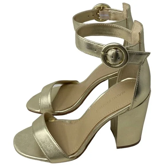 NEW Marc Fisher Magali Heel Size 5.5 M Leather Open Toe Shoe Ankle Strap Gold - Picture 4 of 12